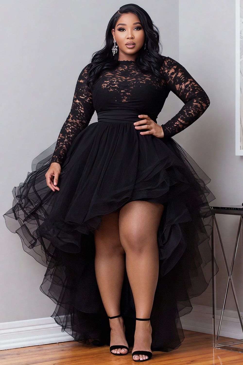 Xpluswear Design Plus Size Cocktail Party Black Round Neck Long Sleeve High Low Hem Elegant Ruffle Tulle Lace Mini Dresses - Xpluswear.com