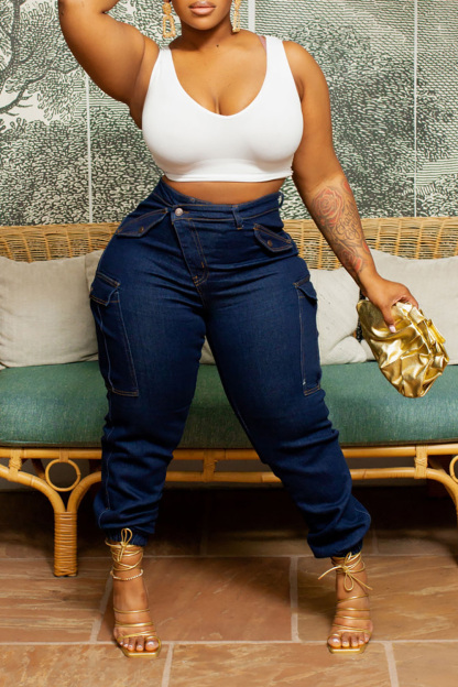 Plus Size Blue Daily Denim Asymmetric Waist With Pocket Cargo Jeans