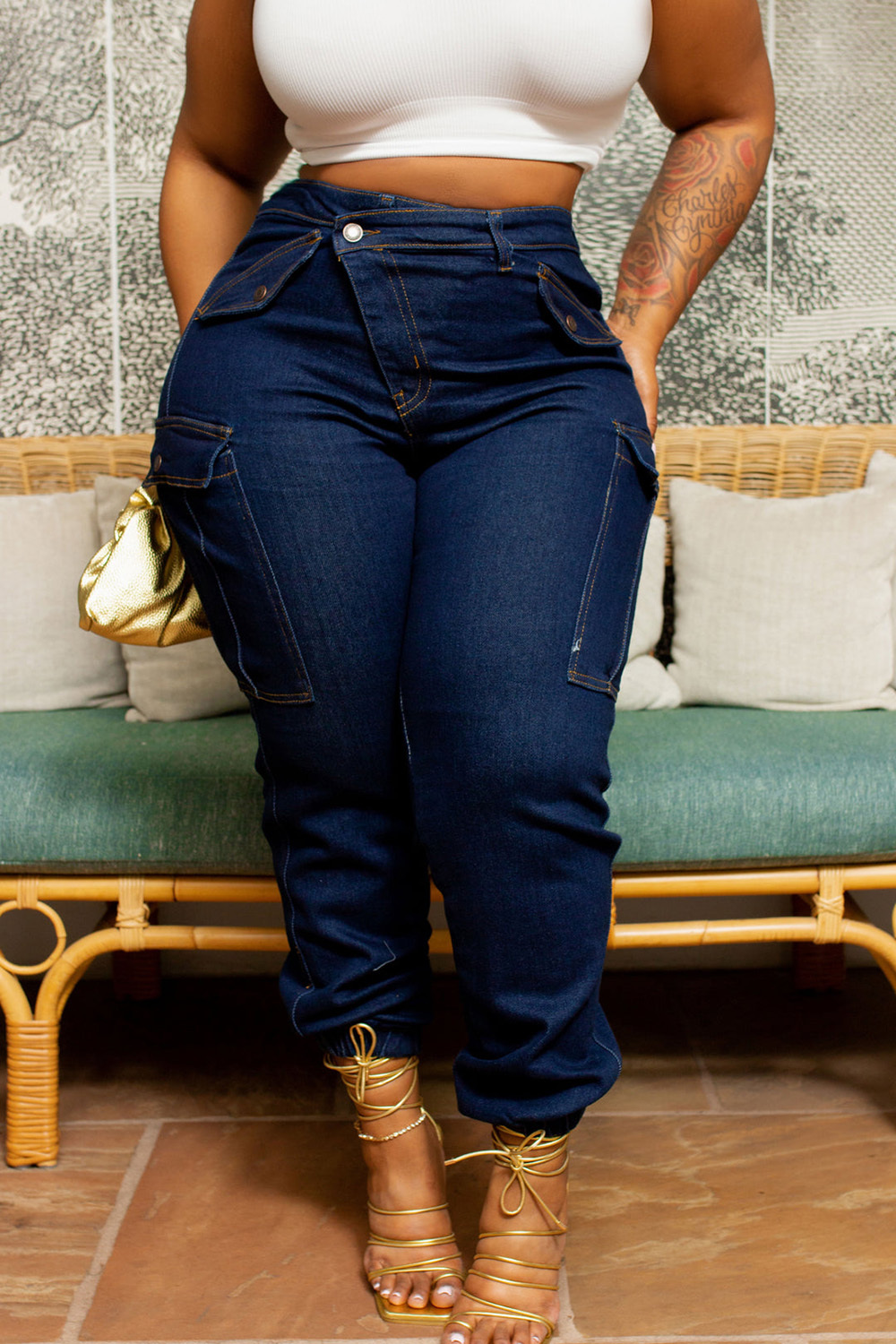 Xpluswear Plus Size Blue Daily Denim Asymmetric Waist With Pocket Cargo Jeans - Xpluswear.com