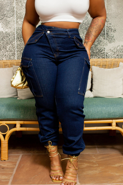 Xpluswear Plus Size Blue Daily Denim Asymmetric Waist With Pocket Cargo Jeans - Xpluswear.com