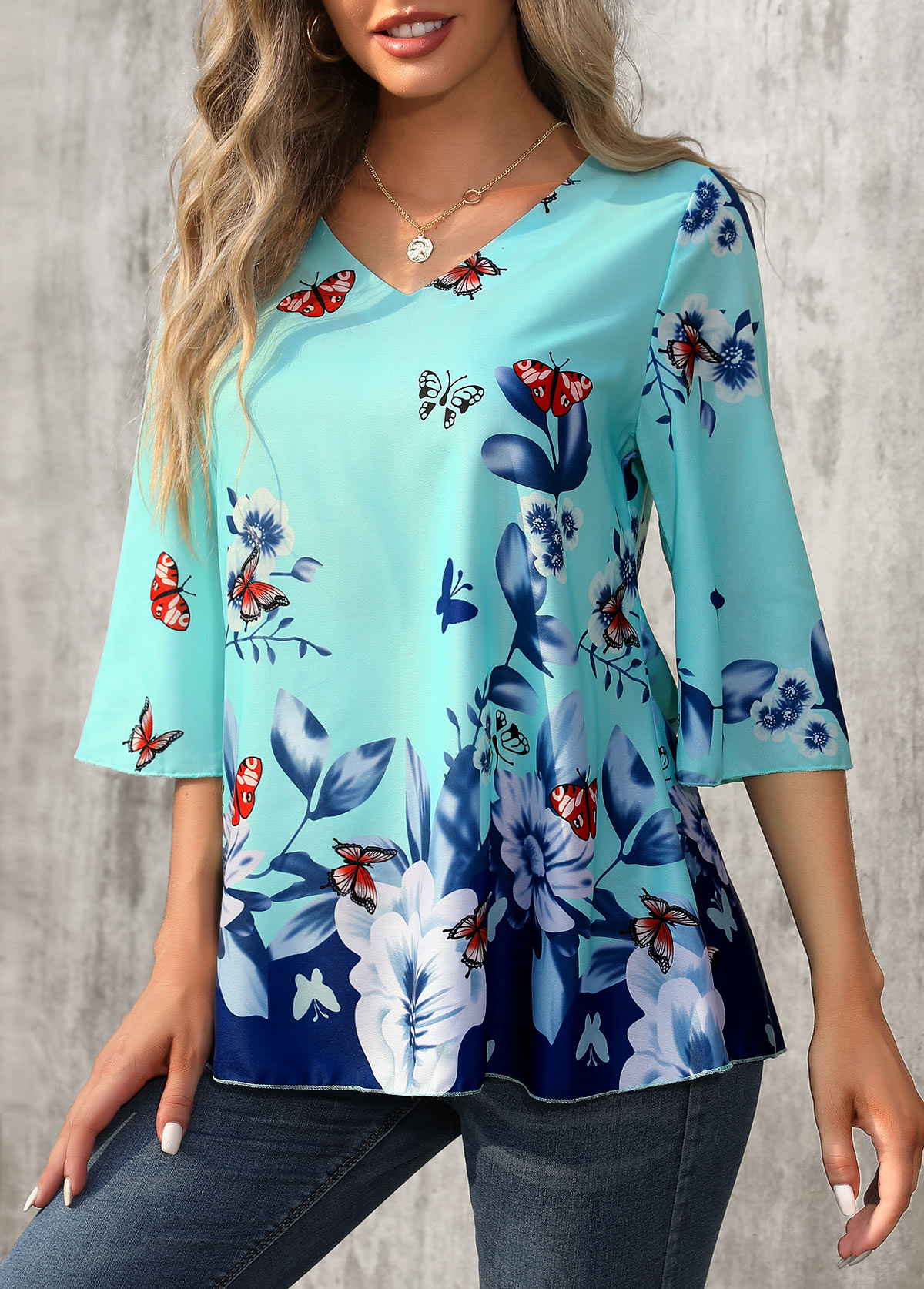 Butterfly Print Cyan V Neck T Shirt