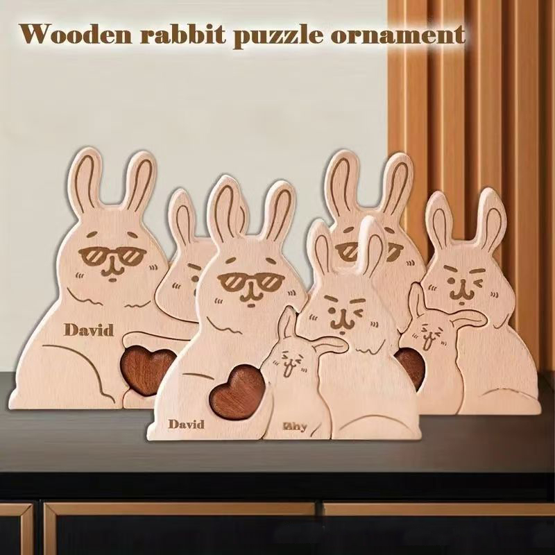 Personalized Gift wooden eyeglasses bunny cuddly puzzle figurine, family name/surname puzzle carving decoration, family keepsake - Birthday gift for family members.