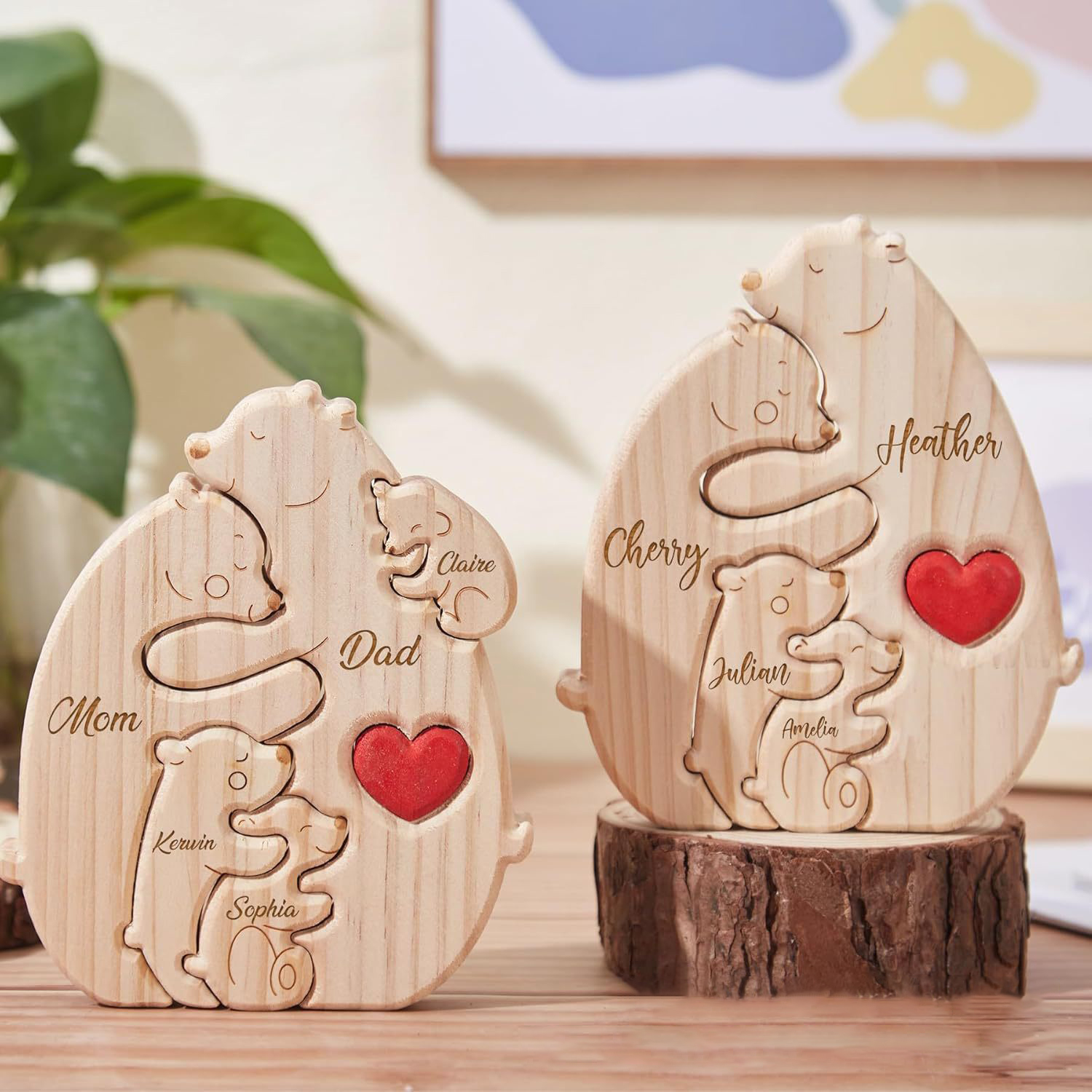 Personalized Gift wooden teddy bear puzzle set, a heartwarming family portrait of a mother and baby bear, perfect for Mother's Day or home decor - Birthday gift for family members.