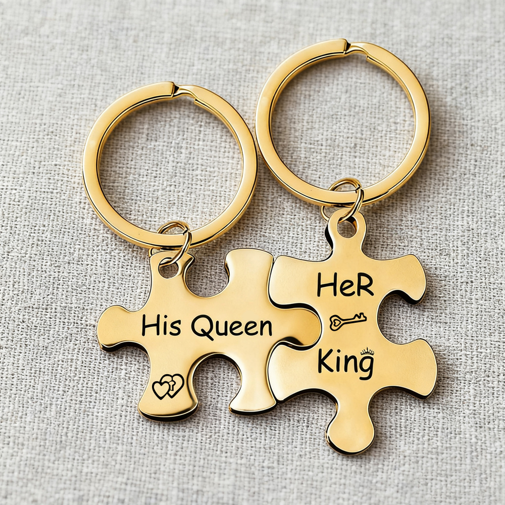 Custom Puzzle Piece Keychain Set – Metal Couple Keychains, Anniversary Gift for Him & Her