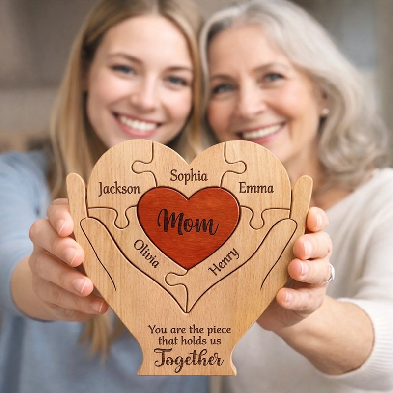 Personalized gift wooden heart-shaped jigsaw puzzle set, craft home decoration, family keepsake - Birthday gift for family members - Mother's Day gift