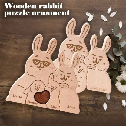 Personalized Gift wooden eyeglasses bunny cuddly puzzle figurine, family name/surname puzzle carving decoration, family keepsake - Birthday gift for family members.