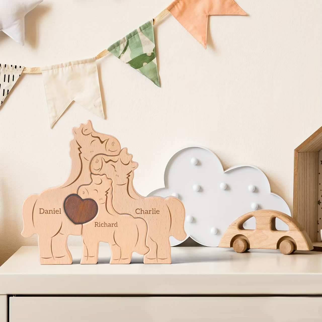 Personalized Gift Wooden "Little Horse Family" Puzzle Set — Engraved Home Décor & Family Keepsake — Birthday Gift for Family Members