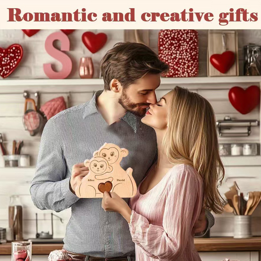 Personalized Gift Wooden Monkey Family Puzzle Set — Carved Home Decor Ornament & Family Keepsake — Birthday Gift for Family Members