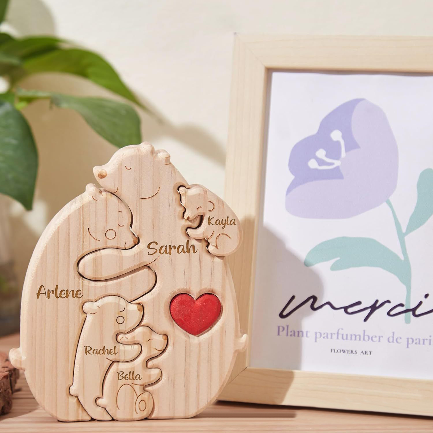 Personalized Gift wooden teddy bear puzzle set, a heartwarming family portrait of a mother and baby bear, perfect for Mother's Day or home decor - Birthday gift for family members.