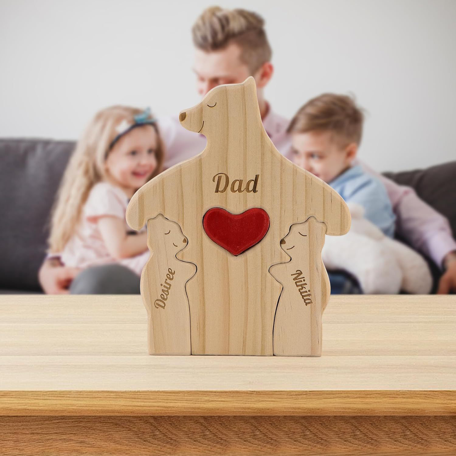 Personalized Gift wooden teddy bear family puzzle figurine, family name and surname puzzle carving decoration, family keepsake - Birthday gift for family members - Father's Day gift.-TailorAura