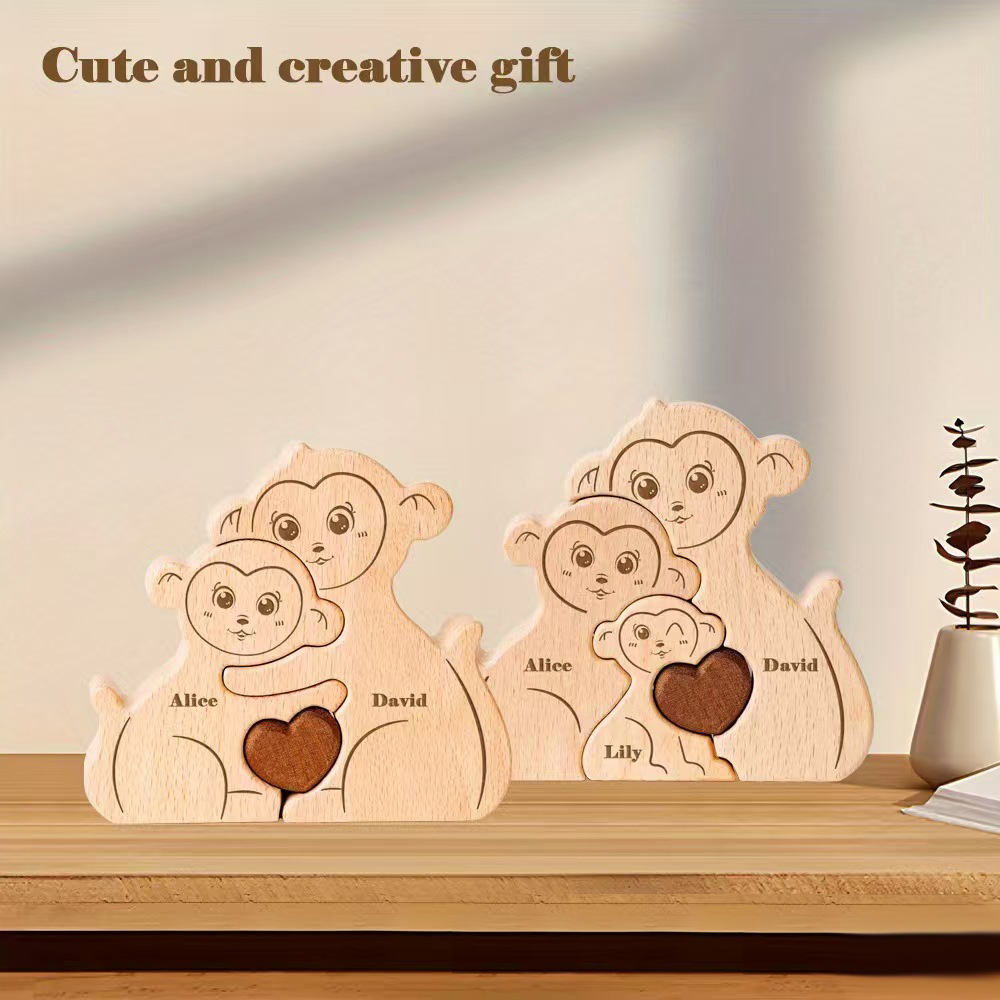 Personalized Gift Wooden Monkey Family Puzzle Set — Carved Home Decor Ornament & Family Keepsake — Birthday Gift for Family Members