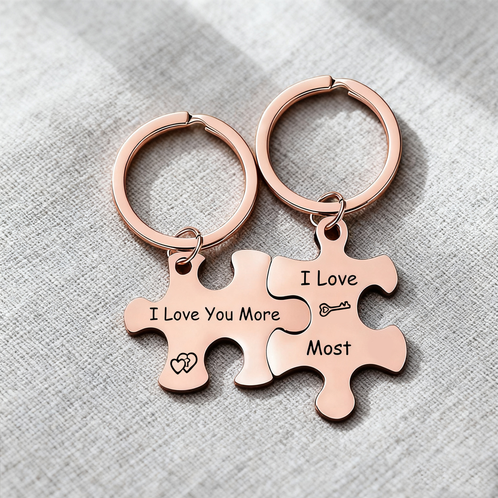 Custom Puzzle Piece Keychain Set – Metal Couple Keychains, Anniversary Gift for Him & Her
