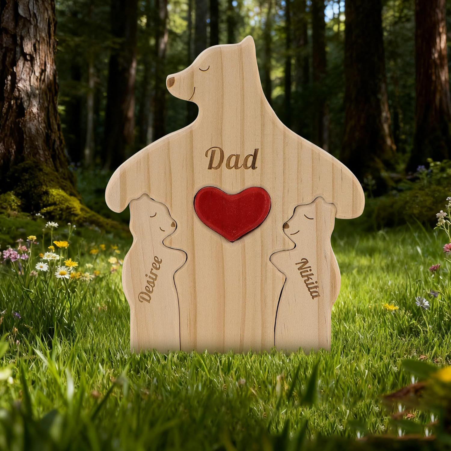 Personalized Gift wooden teddy bear family puzzle figurine, family name and surname puzzle carving decoration, family keepsake - Birthday gift for family members - Father's Day gift.-TailorAura