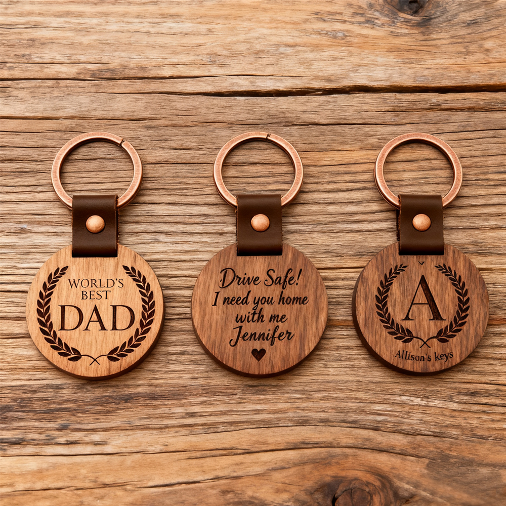 3-Piece Custom Round Walnut Wood Keychain Set – Engrave Love Messages for Dad, Family & Friends