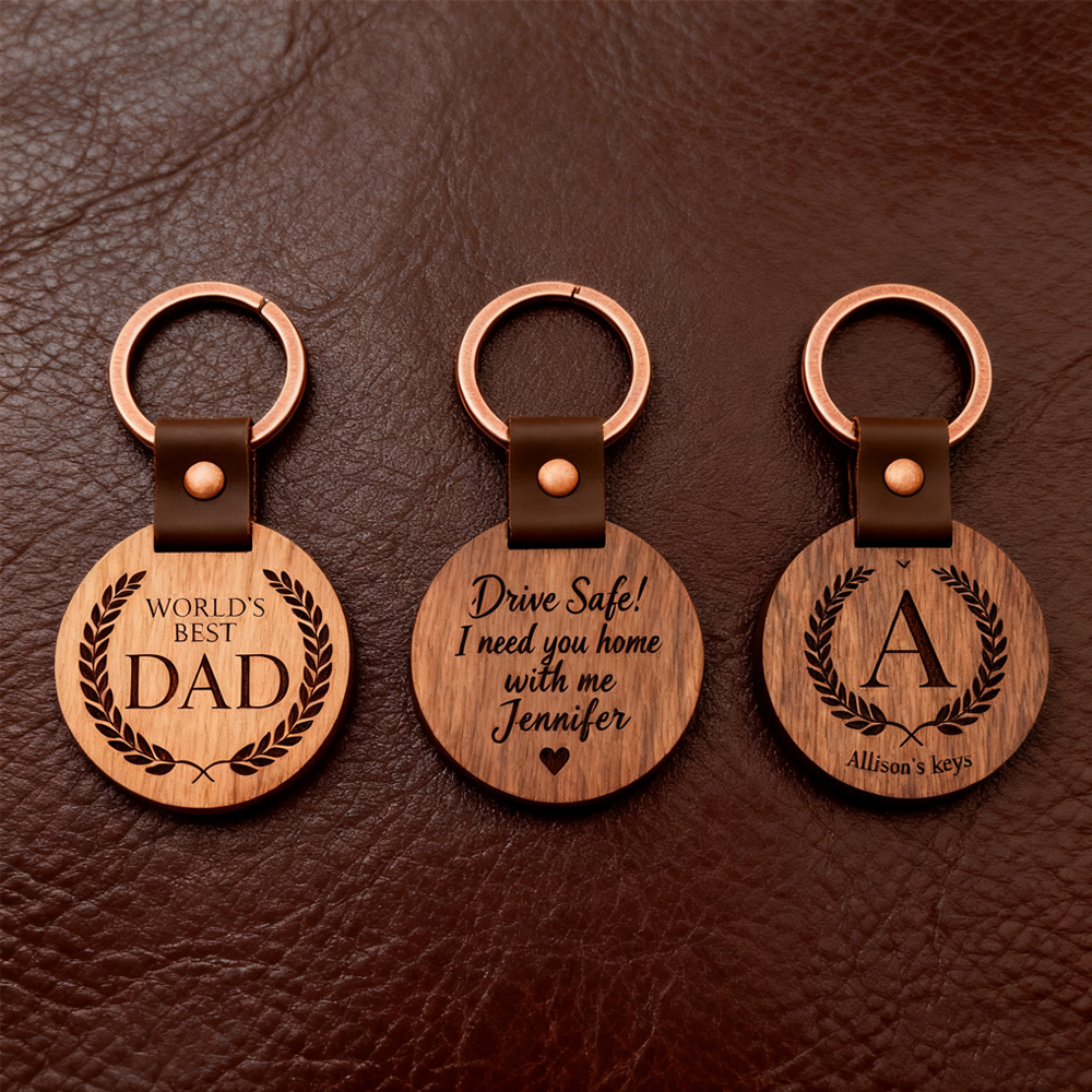 3-Piece Custom Round Walnut Wood Keychain Set – Engrave Love Messages for Dad, Family & Friends