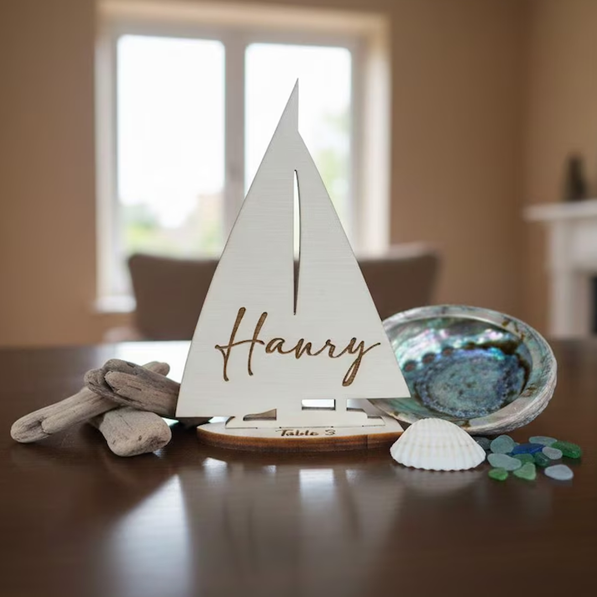 Personalized wooden sailboat-shaped menu - ocean-themed table decoration, anniversaries, holiday parties, and home decor.