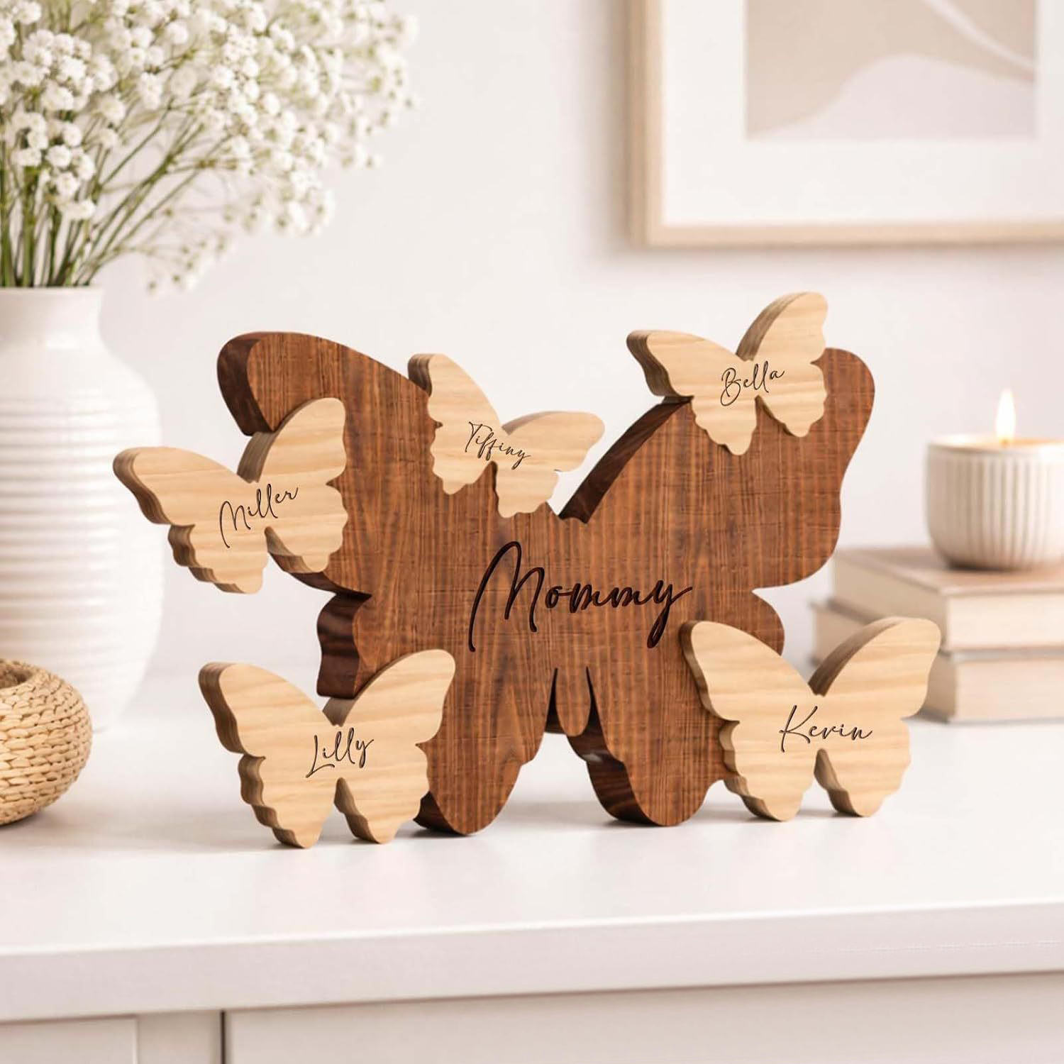 Cute wooden animal puzzle, butterfly family name design, custom wooden crafts, Mother's Day birthday gift, holiday gift.-TailorAura