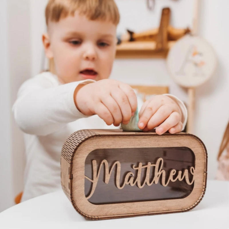 Wooden Creative Cartoon Gift Coin Piggy Bank Wooden Children's Square Savings Box Decoration - Birthday Gift for Children-TailorAura