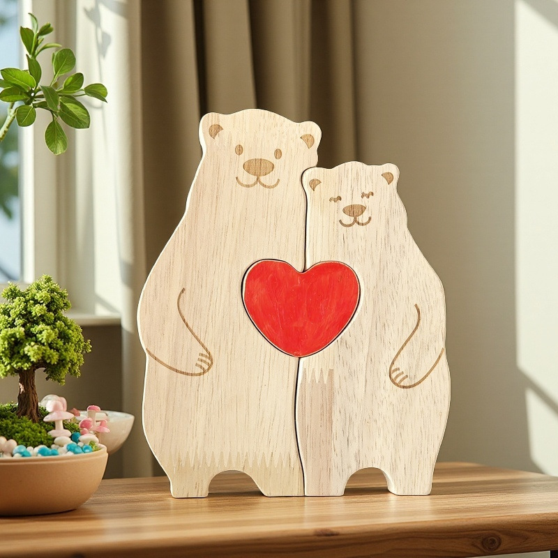 Personalized cozy wooden teddy bear decorative ornament - Gift for family members.