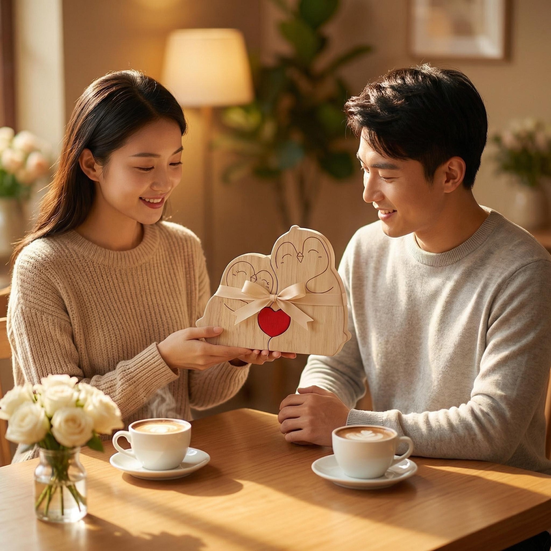 Heart-shaped puzzle figurine, made of natural wood, featuring a red penguin heart design. A perfect gift for couples, home decor, or family keepsakes - Birthday present for a family member.-TailorAura