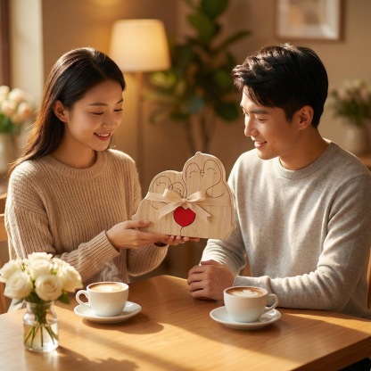Heart-shaped puzzle figurine, made of natural wood, featuring a red penguin heart design. A perfect gift for couples, home decor, or family keepsakes - Birthday present for a family member.-TailorAura