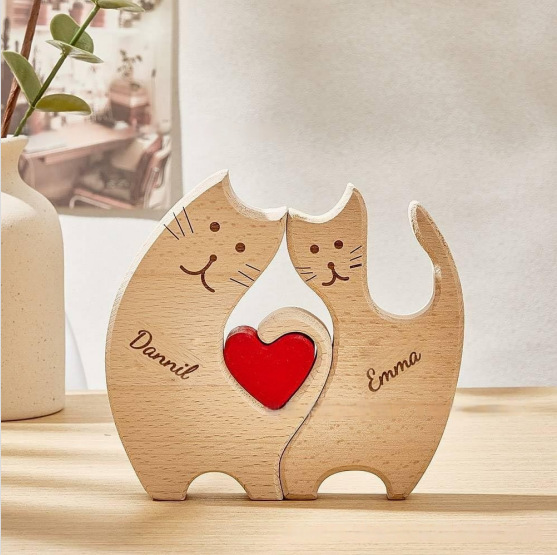 Wooden cat family puzzle set, animal carving, home decoration, wooden craft, family keepsake - Birthday gift for family members.