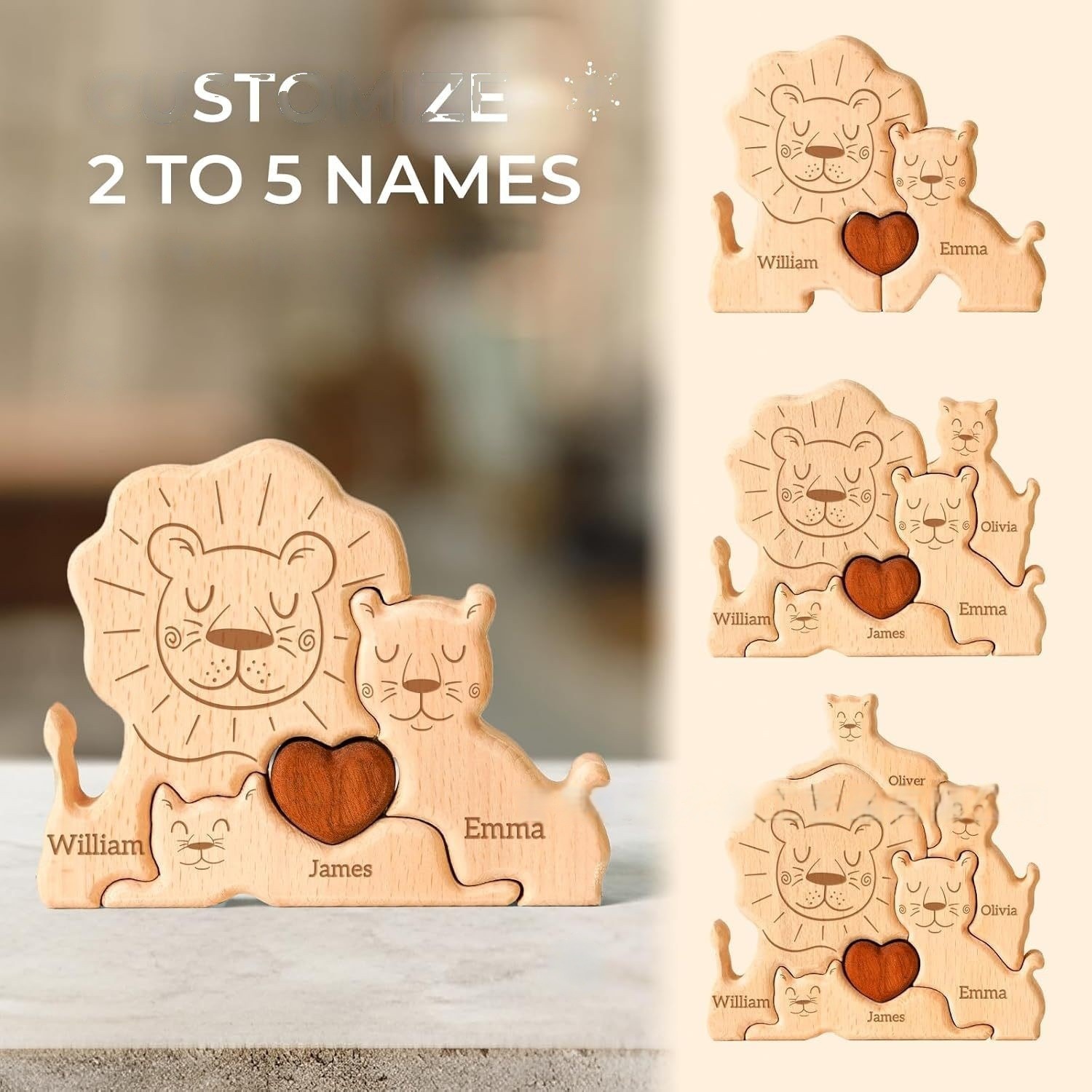 Personalized wooden lion family puzzle set, animal carving home decoration,wooden craft, family keepsake - Birthday gift for family members.-TailorAura