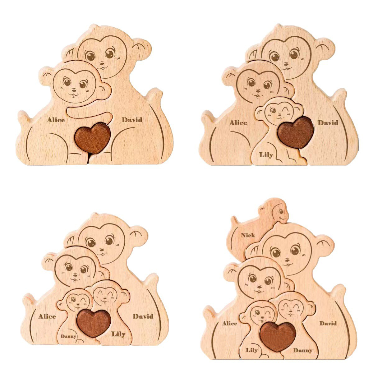 Personalized Gift Wooden Monkey Family Puzzle Set — Carved Home Decor Ornament & Family Keepsake — Birthday Gift for Family Members