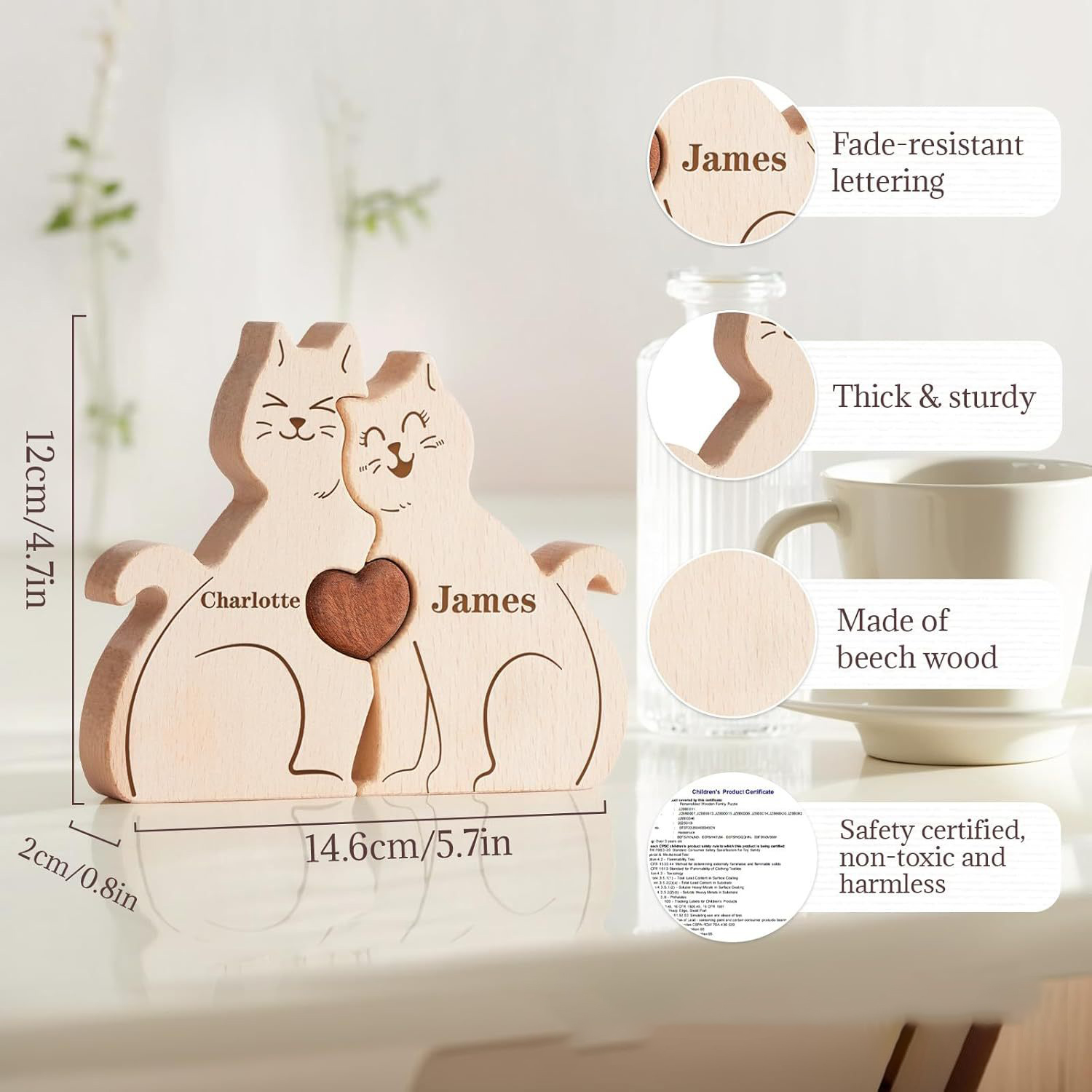 Personalized Gift wooden animal puzzle, cute cat family name puzzle, home decoration, keepsake - Birthday gift for family members.