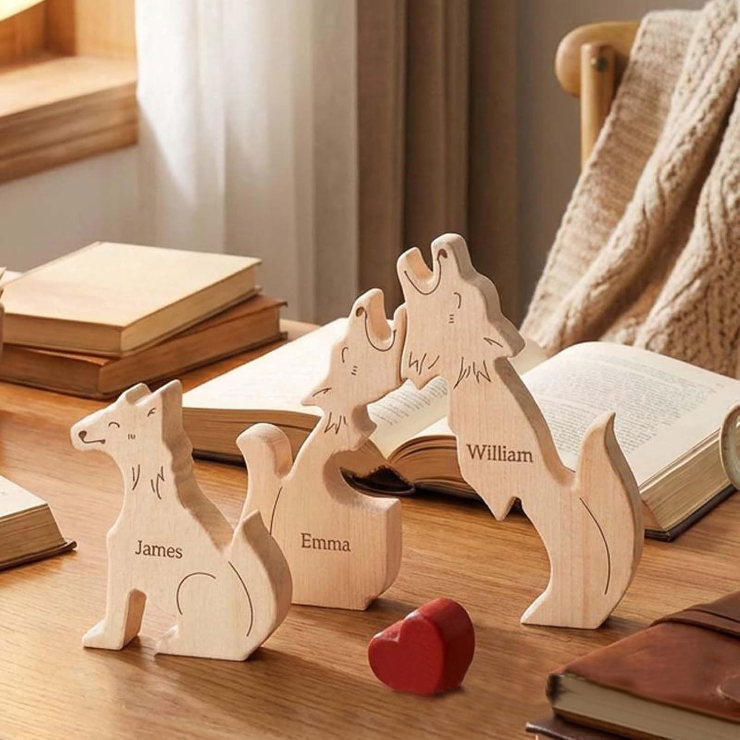Personalized gifts wooden animal puzzle, cute wolf family, creative wooden desktop ornament, carved decoration, family keepsake - Birthday gift for family members.-TailorAura