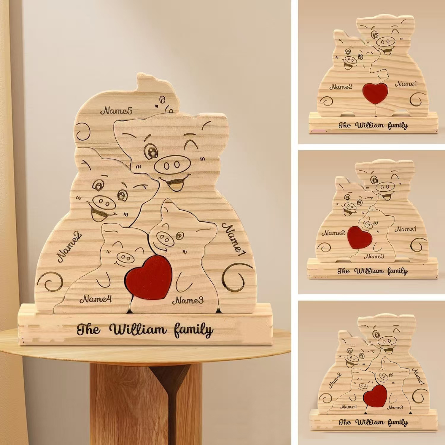 Personalized customization wooden family pig puzzle figurine, family name and surname puzzle carving decoration, family keepsake - Birthday gift for family members.-TailorAura