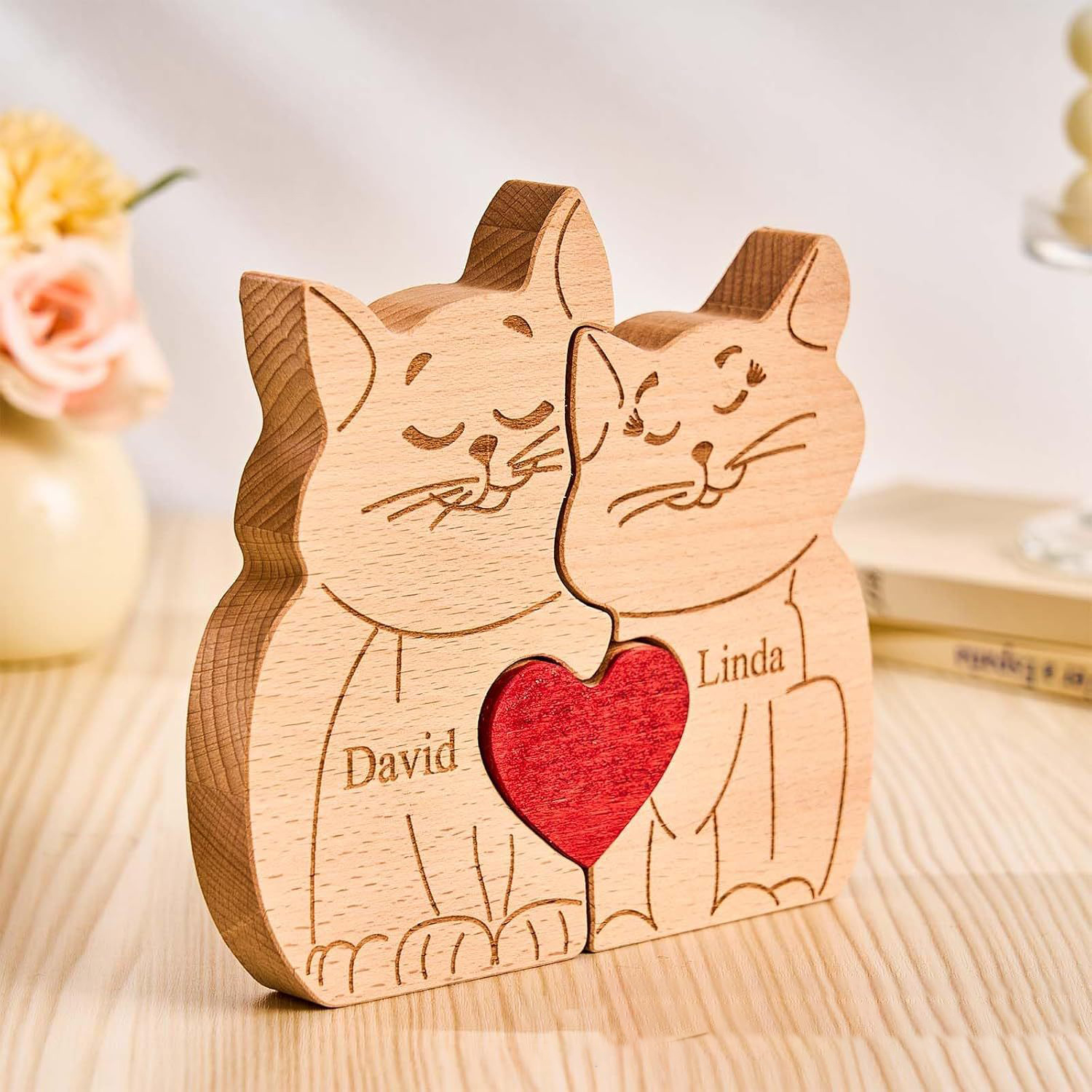 Personalized Gift wooden smiling cat puzzle figurine, family name/surname puzzle carving decoration, family keepsake - Birthday gift for family members - Valentine's Day gift-TailorAura