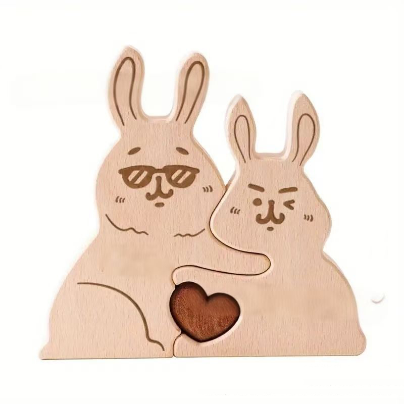 Personalized Gift wooden eyeglasses bunny cuddly puzzle figurine, family name/surname puzzle carving decoration, family keepsake - Birthday gift for family members.