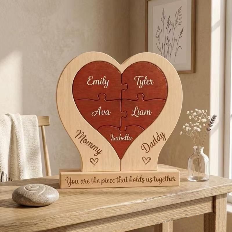 Personalized Gift wooden heart-shaped jigsaw puzzle ornament with DIY name customization - Mother's Day gift, Christmas gift, birthday gift.