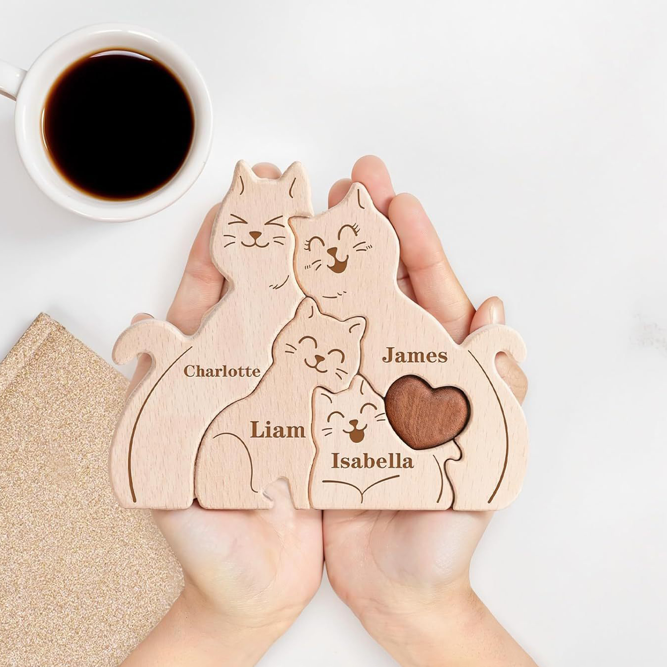 Personalized Gift wooden animal puzzle, cute cat family name puzzle, home decoration, keepsake - Birthday gift for family members.