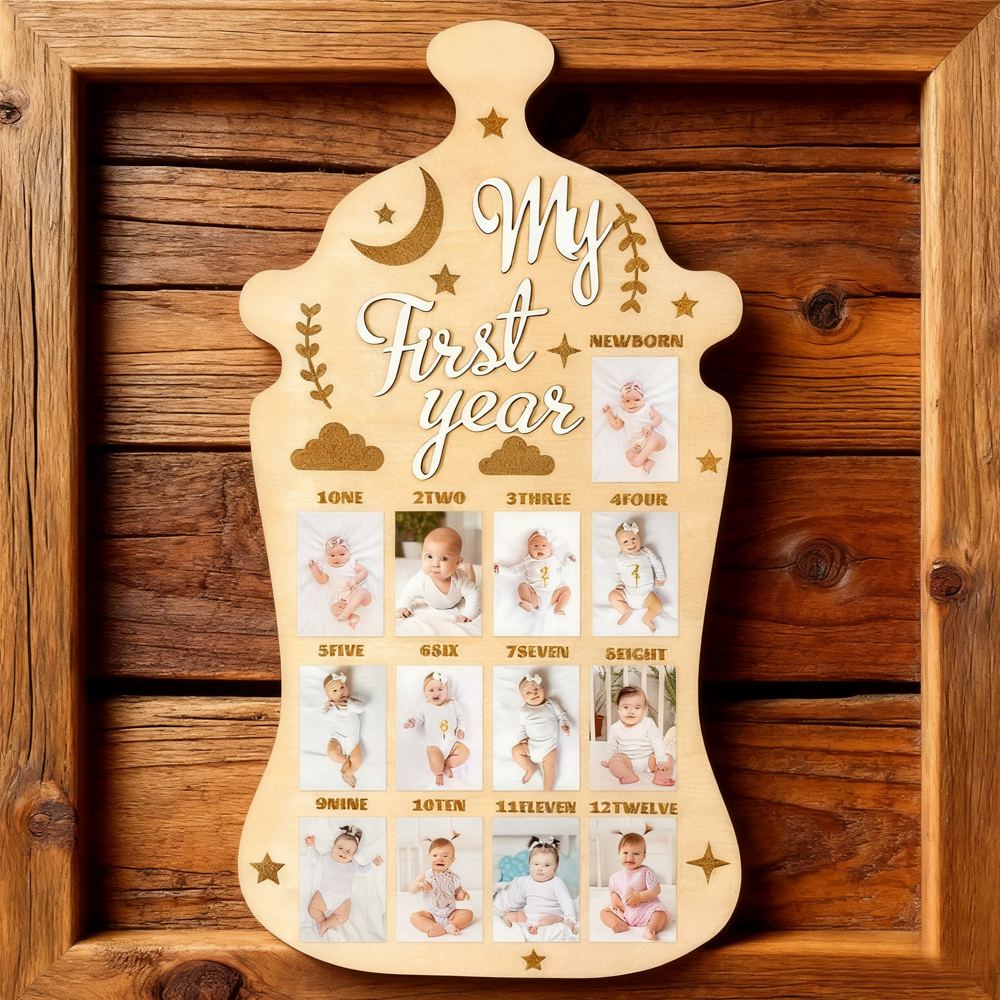 Baby's First Year Milestones - Bottle-Shaped Wooden Frame