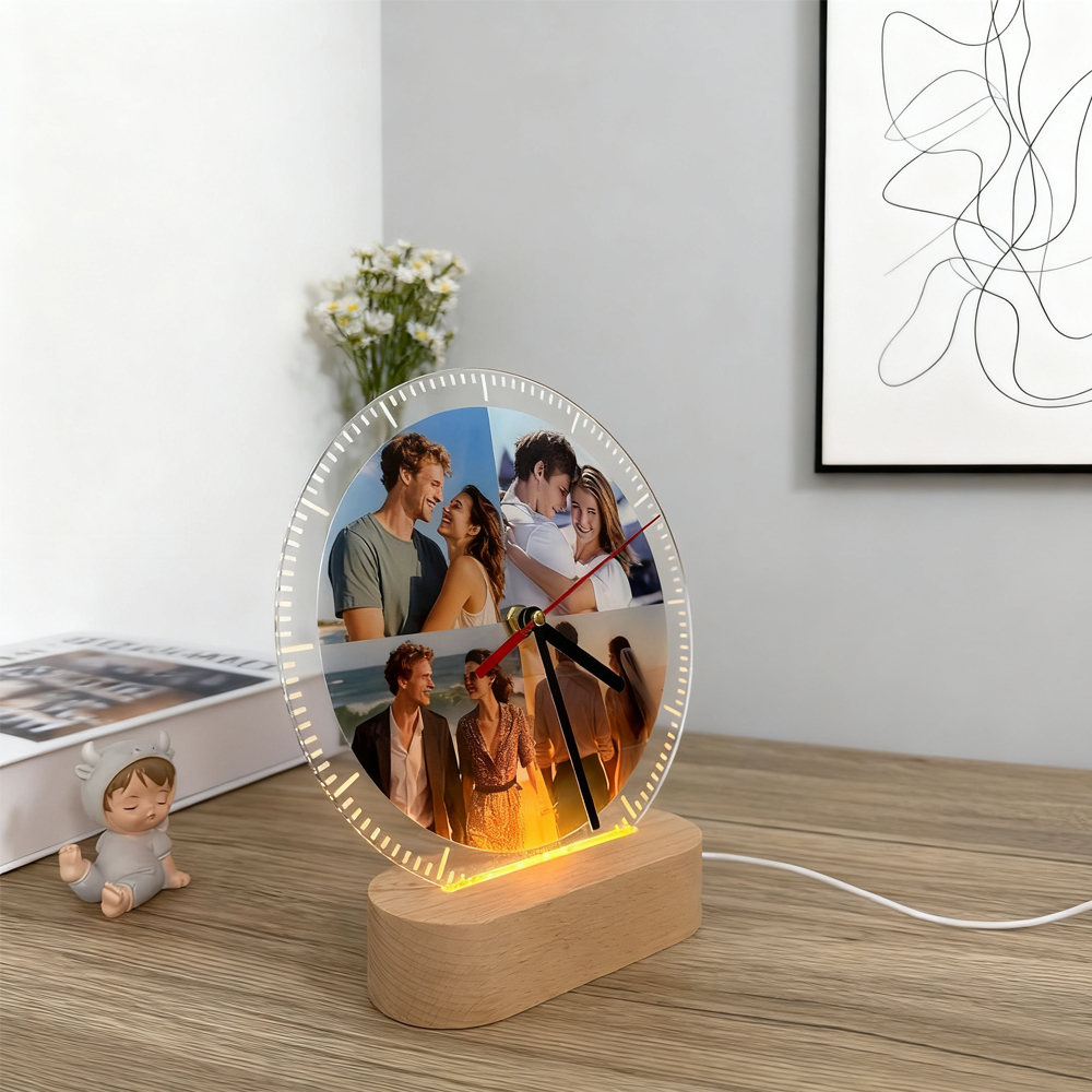 Custom Wooden LED Night-Light Alarm Clock – 20 cm Photo-Printed, Minimalist Table Lamp & Soft-Glow Bedside Gift