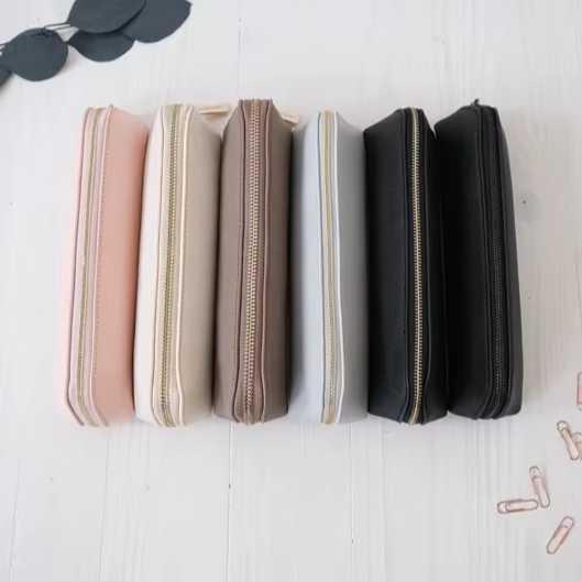 Personalized custom zippered leather pencil case with engraved logo, faux leather pencil bag, a great gift for elementary school students and teachers on Teacher's Day.