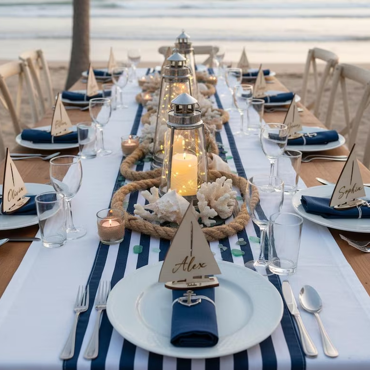 Personalized wooden sailboat-shaped menu - ocean-themed table decoration, anniversaries, holiday parties, and home decor.