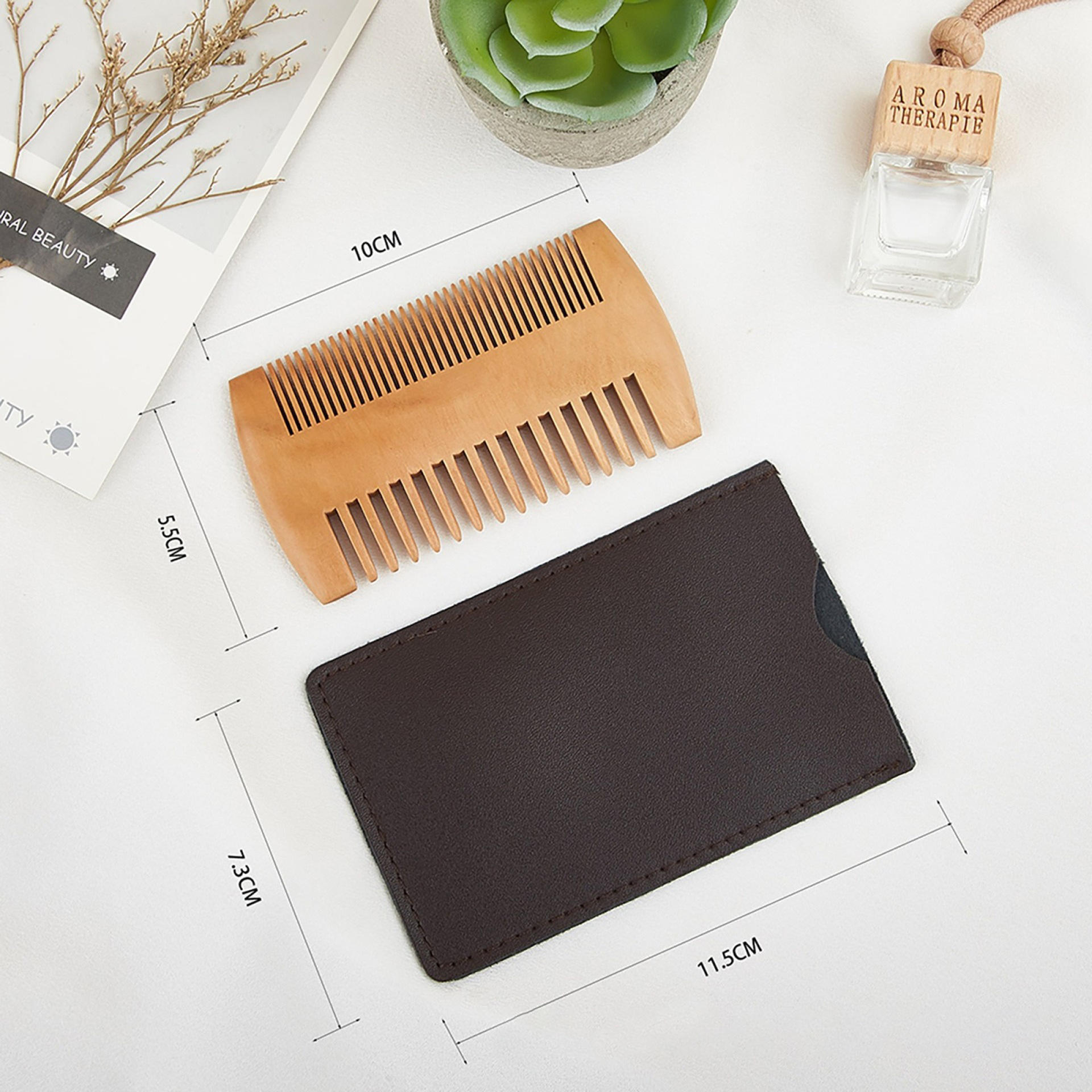 Personalized beard and hair comb set with engraved logo and name, featuring a leather case - Gift for family.-TailorAura