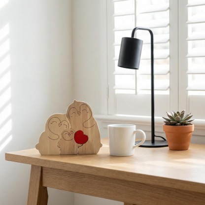 Heart-shaped puzzle figurine, made of natural wood, featuring a red penguin heart design. A perfect gift for couples, home decor, or family keepsakes - Birthday present for a family member.-TailorAura