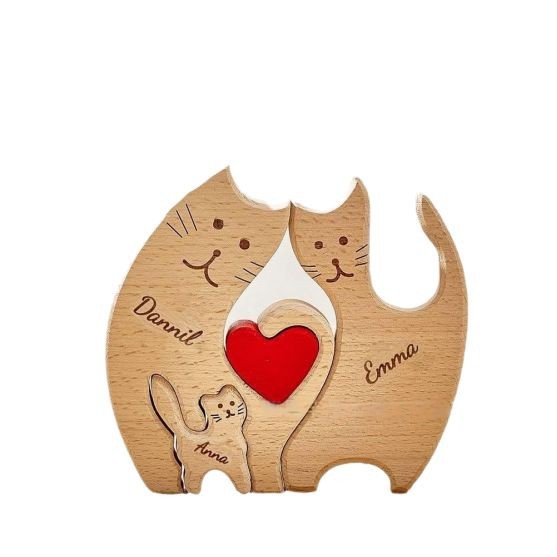 Wooden cat family puzzle set, animal carving, home decoration, wooden craft, family keepsake - Birthday gift for family members.-TailorAura
