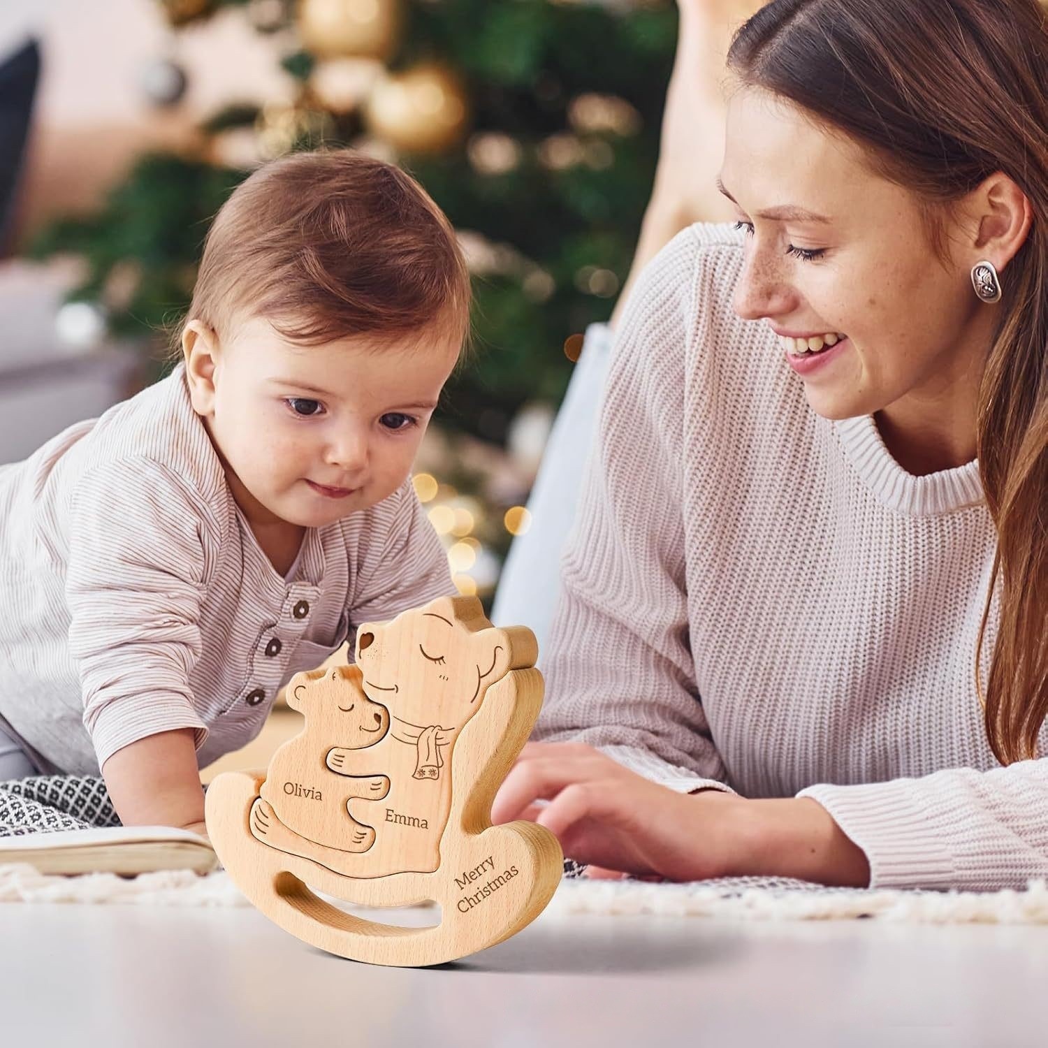 Wooden Cradle Bear Family Puzzle Set, Animal Carving Home Decor Crafts, Family Souvenir - Birthday Gift for Family Members