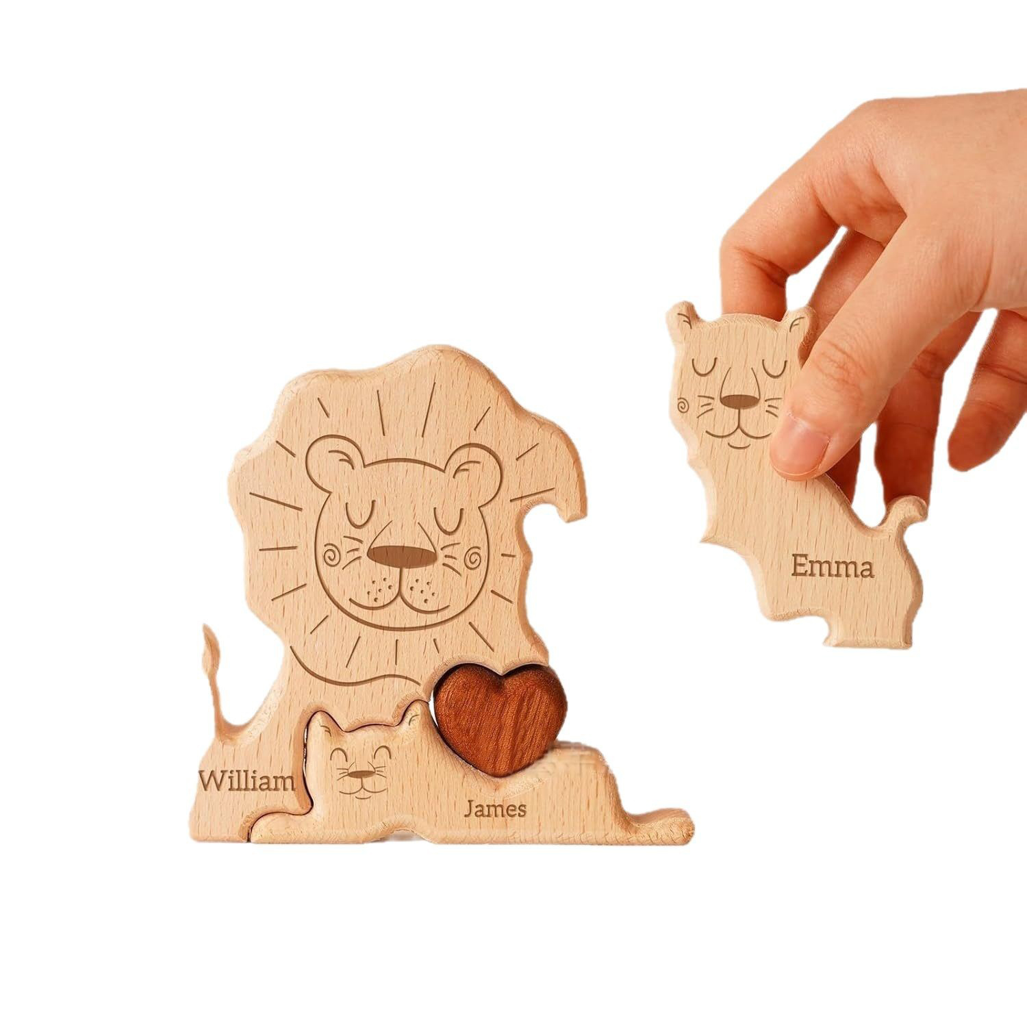 Personalized wooden lion family puzzle set, animal carving home decoration,wooden craft, family keepsake - Birthday gift for family members.-TailorAura