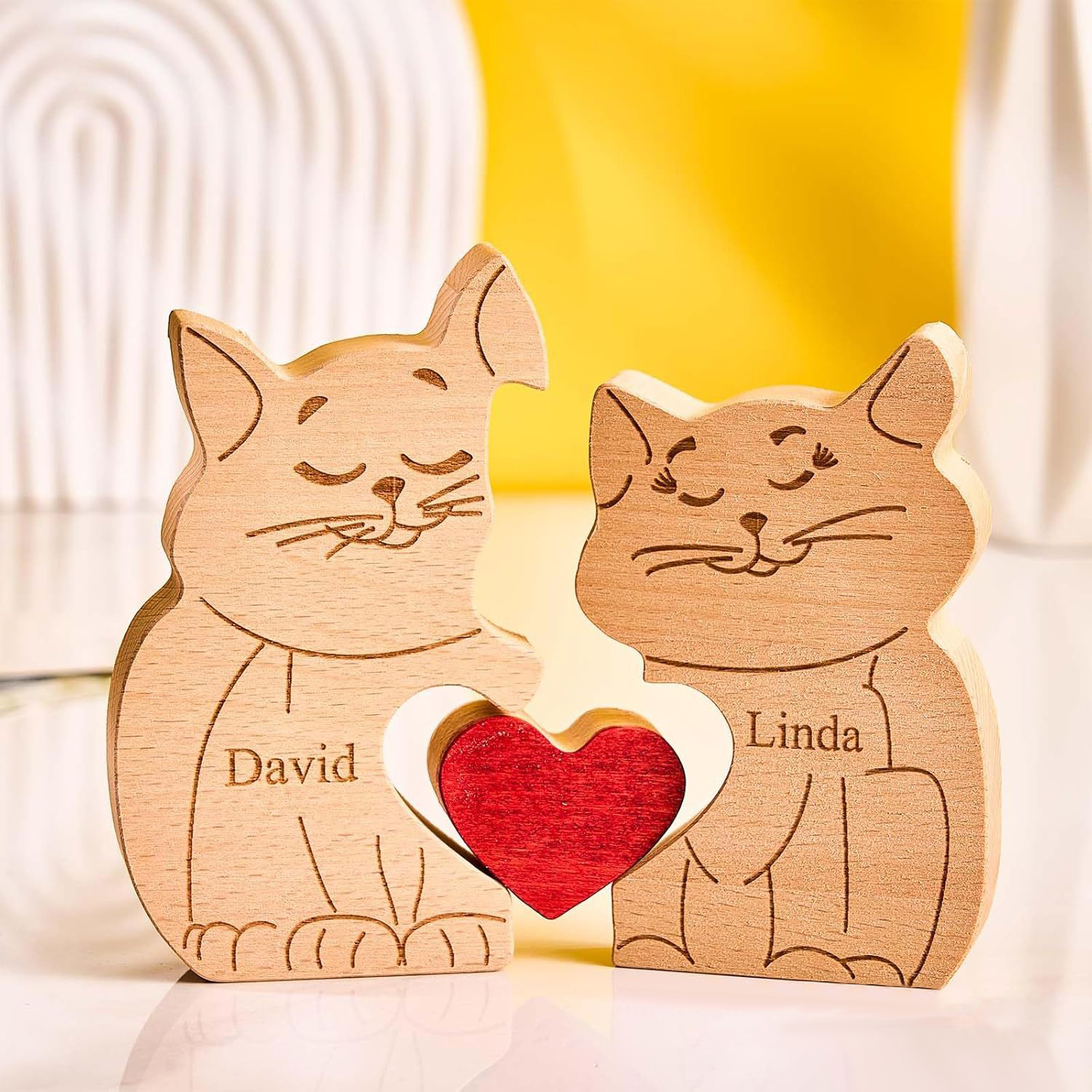 Personalized Gift wooden smiling cat puzzle figurine, family name/surname puzzle carving decoration, family keepsake - Birthday gift for family members - Valentine's Day gift-TailorAura