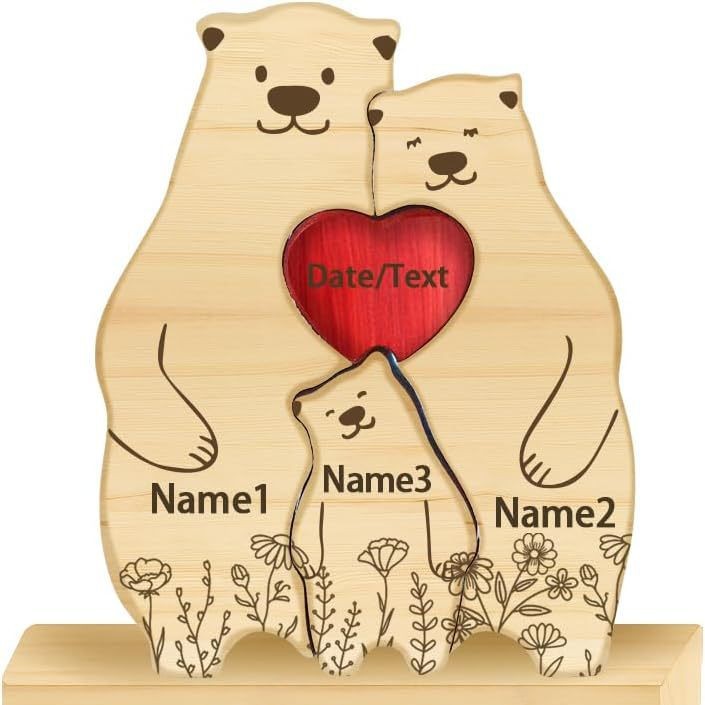 Personalized Gift wooden family bear puzzle figurine, family name and surname puzzle carving decoration, family keepsake - Birthday gift for family members.