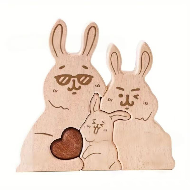 Personalized Gift wooden eyeglasses bunny cuddly puzzle figurine, family name/surname puzzle carving decoration, family keepsake - Birthday gift for family members.