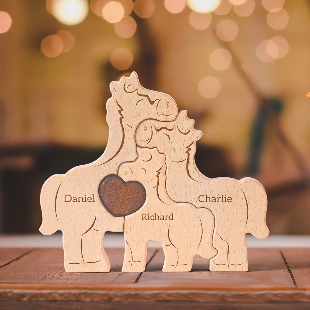 Personalized Gift Wooden "Little Horse Family" Puzzle Set — Engraved Home Décor & Family Keepsake — Birthday Gift for Family Members