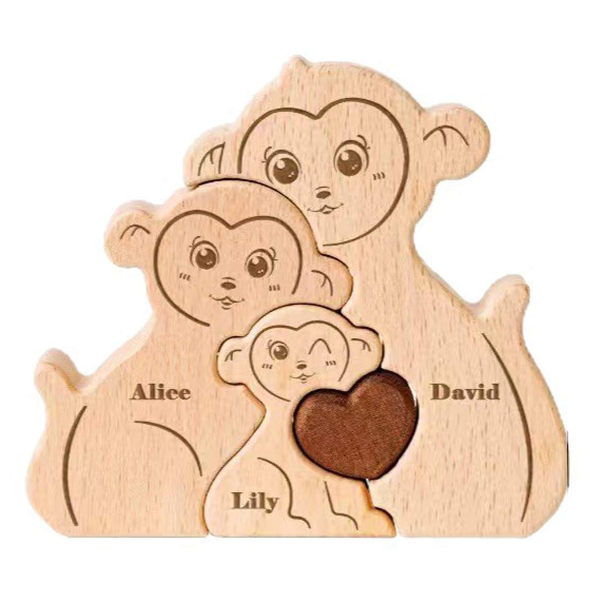 Personalized Gift Wooden Monkey Family Puzzle Set — Carved Home Decor Ornament & Family Keepsake — Birthday Gift for Family Members