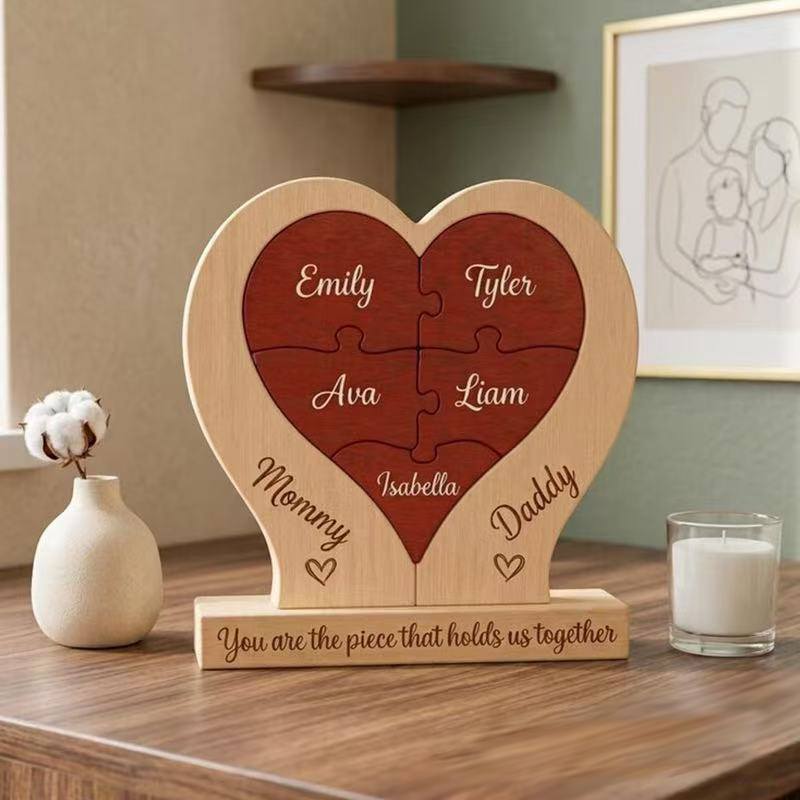 Personalized Gift wooden heart-shaped jigsaw puzzle ornament with DIY name customization - Mother's Day gift, Christmas gift, birthday gift.